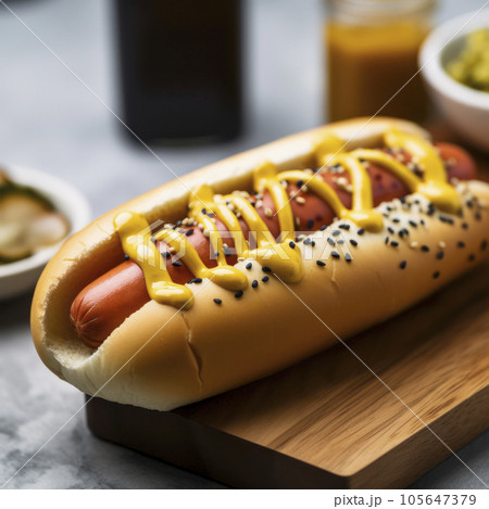 hot dog on a bun with mustard - MidJourney AI 105647379