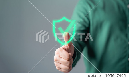 Customer is pressing identity proofing icon for security protection systems on virtual screen. Quality assurance of business services. Certified guarantee approval or secure access system concept. 105647406