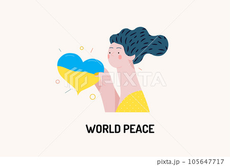 War and peace - Ukranian heart -modern flat vector concept digital illustration of young woman holding the Ukranian flag colored heart. Creative anti-war poster. 105647717