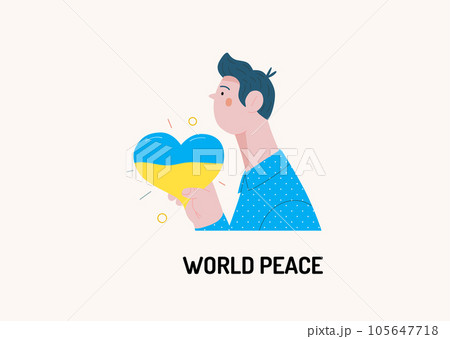 War and peace - Ukranian heart -modern flat vector concept digital illustration of young man holding the Ukranian flag colored heart. Creative anti-war poster. War and peace - Ukranian heart -modern flat vector concept digital illustration of young man holding the Ukranian flag colored heart. Creative anti-war poster. 105647718