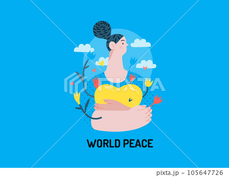 War and peace - Ukranian heart -modern flat vector concept digital illustration of young woman holding a heart, colored in Ukranian flag colors. Creative anti-war poster. 105647726