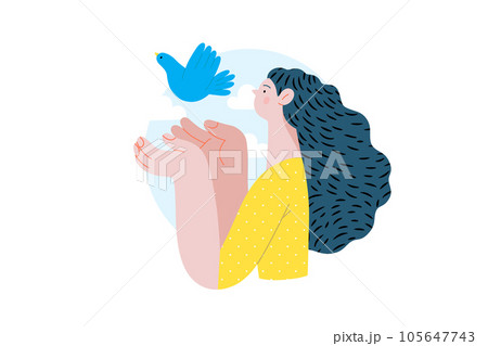 War and peace - Dove of peace -modern flat vector concept digital illustration of young woman releasing a dove. Ukranian flag colored illustartion. Creative anti-war poster. War and peace - Dove of peace -modern flat vector concept digital illustration of young woman releasing a dove. Ukranian flag colored illustartion. Creative anti-war poster. 105647743
