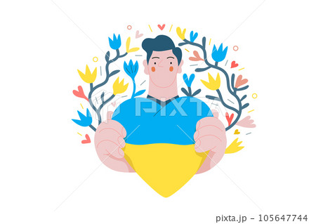 War and peace - Ukranian heart -modern flat vector concept digital illustration of young man holding the Ukranian flag colored heart. Creative anti-war poster. War and peace - Ukranian heart -modern flat vector concept digital illustration of young man holding the Ukranian flag colored heart. Creative anti-war poster. 105647744