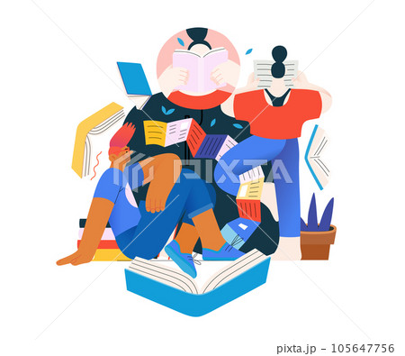 Books graphics -book week events. Modern flat vector concept illustrations of reading people - a group of men and women reading and sharing books and e-books on tablets sitting surrounded by plants 105647756