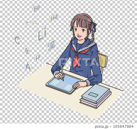 A female student in a sailor suit studying on a tablet PC A female student in a sailor suit studying on a tablet PC 105647864