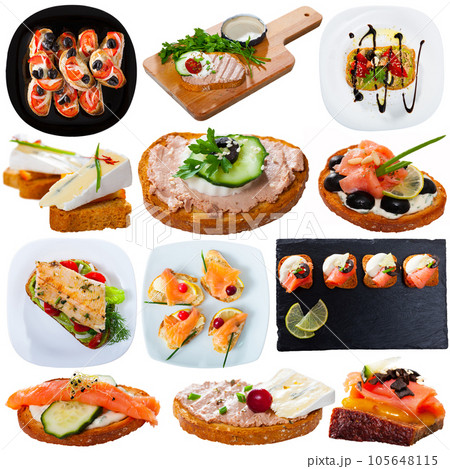 Set of sandwiches and canapes isolated on white Set of sandwiches and canapes isolated on white 105648115