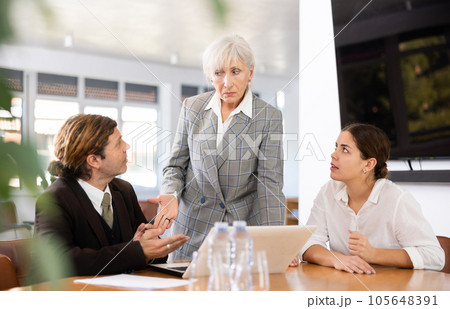 Strict senior female boss conducting work meeting with subordinates Strict senior female boss conducting work meeting with subordinates 105648391