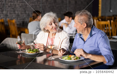 Elderly couple of spouses, husband and wife, communicate in restaurant during dinner. Elderly couple of spouses, husband and wife, communicate in restaurant during dinner. 105648442