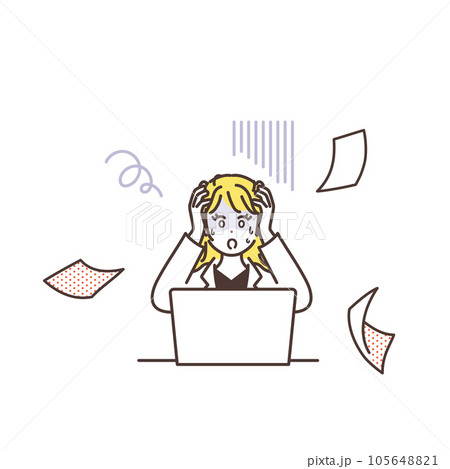 仕事量が多すぎて困っている女性のイメージイラスト素材　業務効率化　生産性向上 105648821