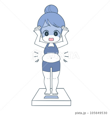 太ってしまった女性が体重計に乗ってショックを受ける受けるイラスト 太ってしまった女性が体重計に乗ってショックを受ける受けるイラスト 105649530