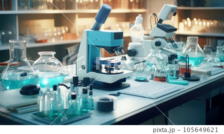 Close-up shot of microscope with metal lens at laboratory. Microscope on the table with chemical tube and glassware in laboratory, Science research technology, Generative AI illustration 105649621