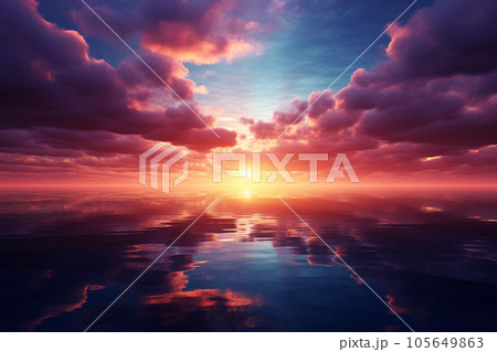AI生成画像　水平線に沈む夕日 105649863