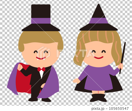 ドラキュラと魔女の仮装をする子供のイラスト(笑顔) 105650547