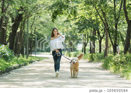 a happy young woman taking a walk with her dog in the park 105650584