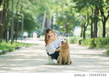 a happy young woman taking a walk with her dog in the park 105650589