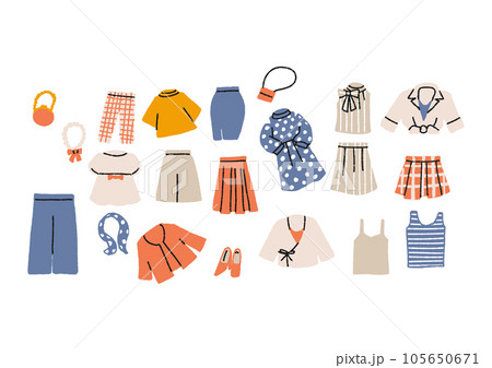 さまざまな女性のファッション 洋服小物のイラストセット(フラット) さまざまな女性のファッション 洋服小物のイラストセット(フラット) 105650671