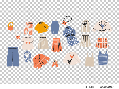 Illustration set of various women's fashion clothes and accessories (flat) 105650671