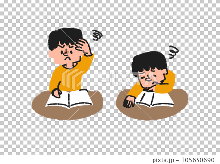 Illustration set of a boy who is studying but is frustrated because it is difficult and a boy who feels that studying is boring Illustration set of a boy who is studying but is frustrated because it is difficult and a boy who feels that studying is boring 105650690