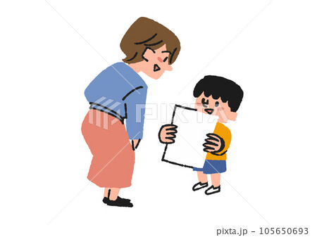 テストや試験で良い点数をとったのを母親に見せている男の子のイラスト 105650693