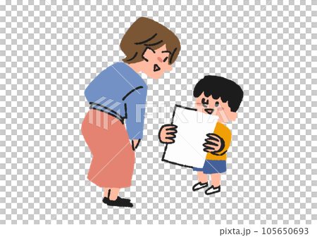 テストや試験で良い点数をとったのを母親に見せている男の子のイラスト 105650693