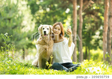 A beautiful young woman taking pictures with her dog on her smartphone in the park A beautiful young woman taking pictures with her dog on her smartphone in the park 105650759