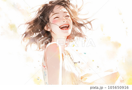 笑顔で振り返る女性の水彩画　AI生成画像 105650916