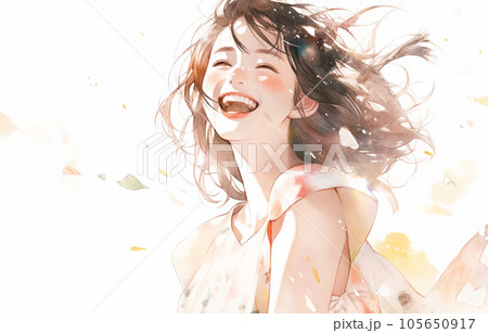 笑顔で振り返る女性の水彩画　AI生成画像 105650917