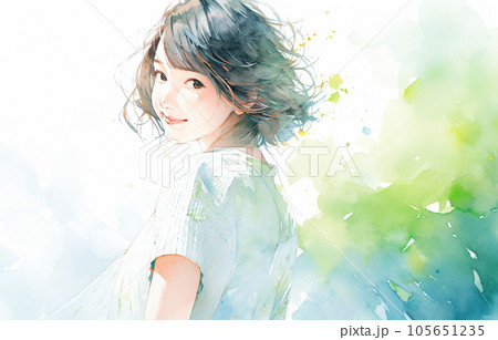 振り返る若いきれいな女性　AI生成画像 105651235