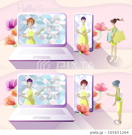 PCと携帯電話で夏の販売のためのオンラインショップのトップ画面 - イラスト素材 eコマース, イラ 105651264