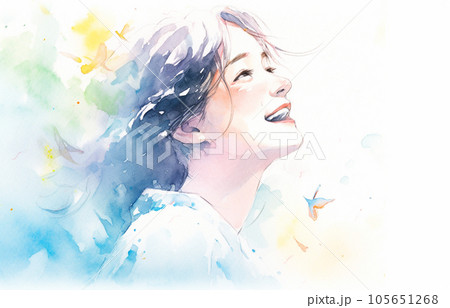 空を見上げる笑顔の女性の水彩画 AI生成画像のイラスト素材 [105651268