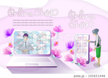 スマホのオンラインショップで買い物をするシニア女性と迎える男性店員のベクターイラスト 105651446