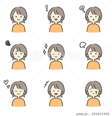 色々な表情をする女性のシンプルな上半身のイラストセット 105651448