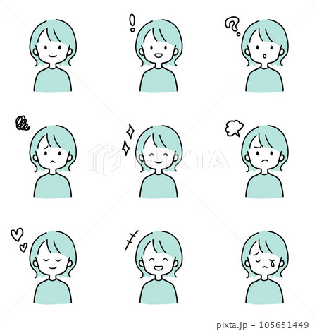 色々な表情をする女性のシンプルな上半身のイラストセット 105651449