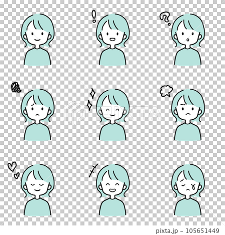 色々な表情をする女性のシンプルな上半身のイラストセット 105651449