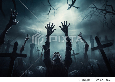 zombie rising from grave Zombie hands are rising from grave in spooky...のイラスト素材 [105651631] - PIXTA
