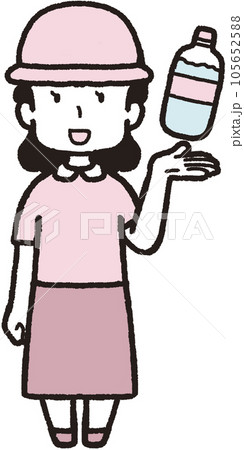 左手にペットボトルの水を掲げ、帽子をかぶって正面を向いている女性の全身イラスト 左手にペットボトルの水を掲げ、帽子をかぶって正面を向いている女性の全身イラスト 105652588