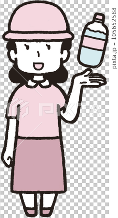 左手にペットボトルの水を掲げ、帽子をかぶって正面を向いている女性の全身イラスト 左手にペットボトルの水を掲げ、帽子をかぶって正面を向いている女性の全身イラスト 105652588