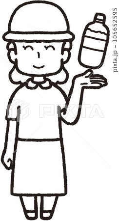 左手にペットボトルの水を掲げ、帽子をかぶって正面を向いて笑っている女性の全身線画イラスト 左手にペットボトルの水を掲げ、帽子をかぶって正面を向いて笑っている女性の全身線画イラスト 105652595