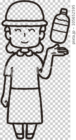 左手にペットボトルの水を掲げ、帽子をかぶって正面を向いて笑っている女性の全身線画イラスト 左手にペットボトルの水を掲げ、帽子をかぶって正面を向いて笑っている女性の全身線画イラスト 105652595