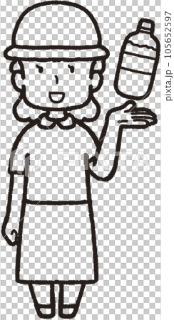 Full-body line drawing illustration of a woman holding a plastic bottle of water in her left hand, wearing a hat and facing the front Full-body line drawing illustration of a woman holding a plastic bottle of water in her left hand, wearing a hat and facing the front 105652597