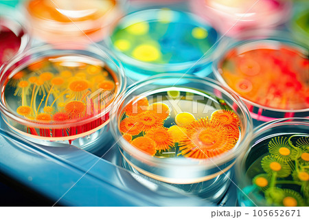 Colorful variety of microorganism inside petri dish plate in laboratory with super macro zoom background, including of bacteria, protozoa, algae, and fungi, with Generative AI. 105652671