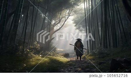 竹林の中にいる武士のシルエット（Generative AI） 105652716