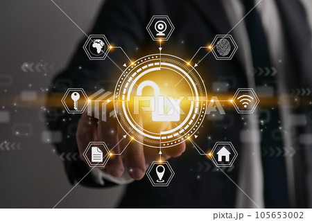 Businessman Hand and Finger Touching Screen and Hexagon HUD Unlock Security Sign 105653002