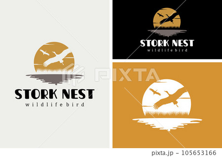 Stork Heron Flying At Sunset over the River Creek lake grass silhouette nature wildlife logo design Stork Heron Flying At Sunset over the River Creek lake grass silhouette nature wildlife logo design 105653166