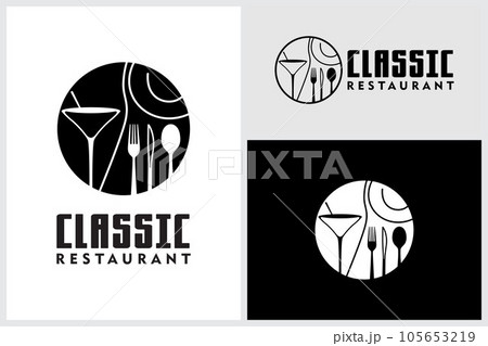 Restaurant Line Art Logo with Wine Glass Spoon Fork Plate Knife Glass for Dining Restaurant Line Art Logo with Wine Glass Spoon Fork Plate Knife Glass for Dining 105653219
