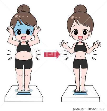 ダイエット中の女性のビフォーアフターのイラスト ダイエット中の女性のビフォーアフターのイラスト 105653807