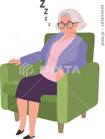 Relaxing Nap of Mature. Elderly Woman Sleeping on cozy Couch at home. 105654094