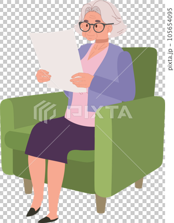Elderly Woman Enjoying Tranquil Reading of Newspaper on Cozy Couch. 105654095