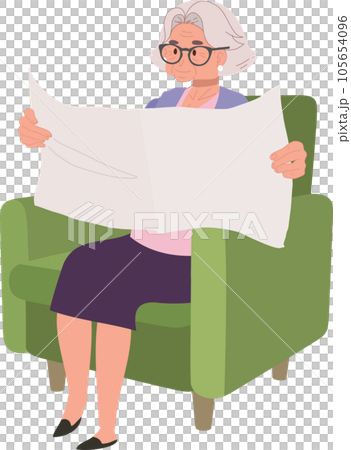 Elderly Woman Enjoying Tranquil Reading of Newspaper on Cozy Couch. 105654096