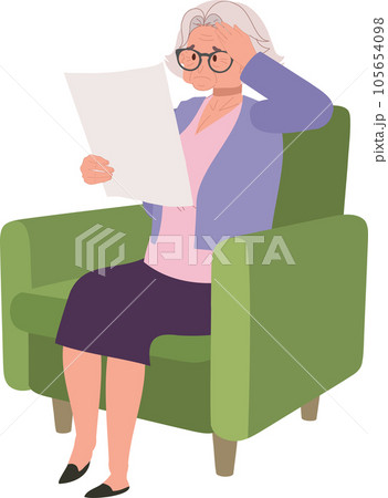 Health and Stress Concept. Mature Woman with Headache While Reading Newspaper on couch. 105654098
